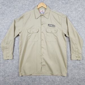 Dickies Work Shirt Khaki/Tan Size L Long Sleeve INNUENDO COMPANY LOGO Embroidery